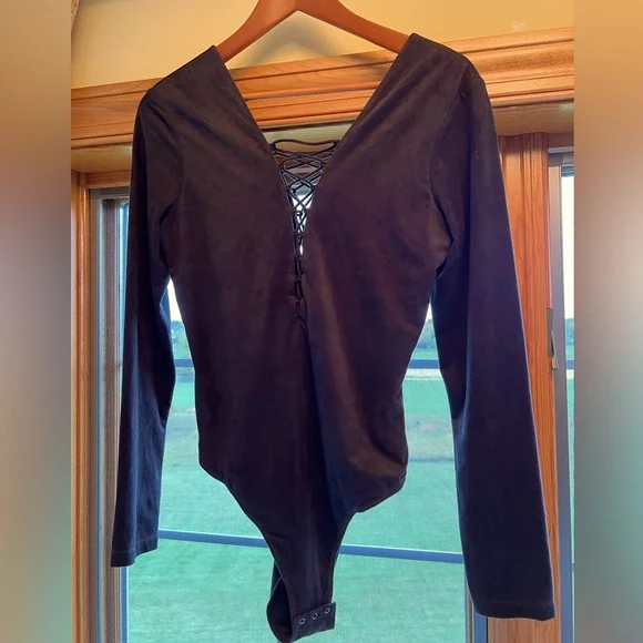 Alexander Wang Bodysuit Lace Up Bodysuit Charcoal Size 8 - Picture 3 of 15